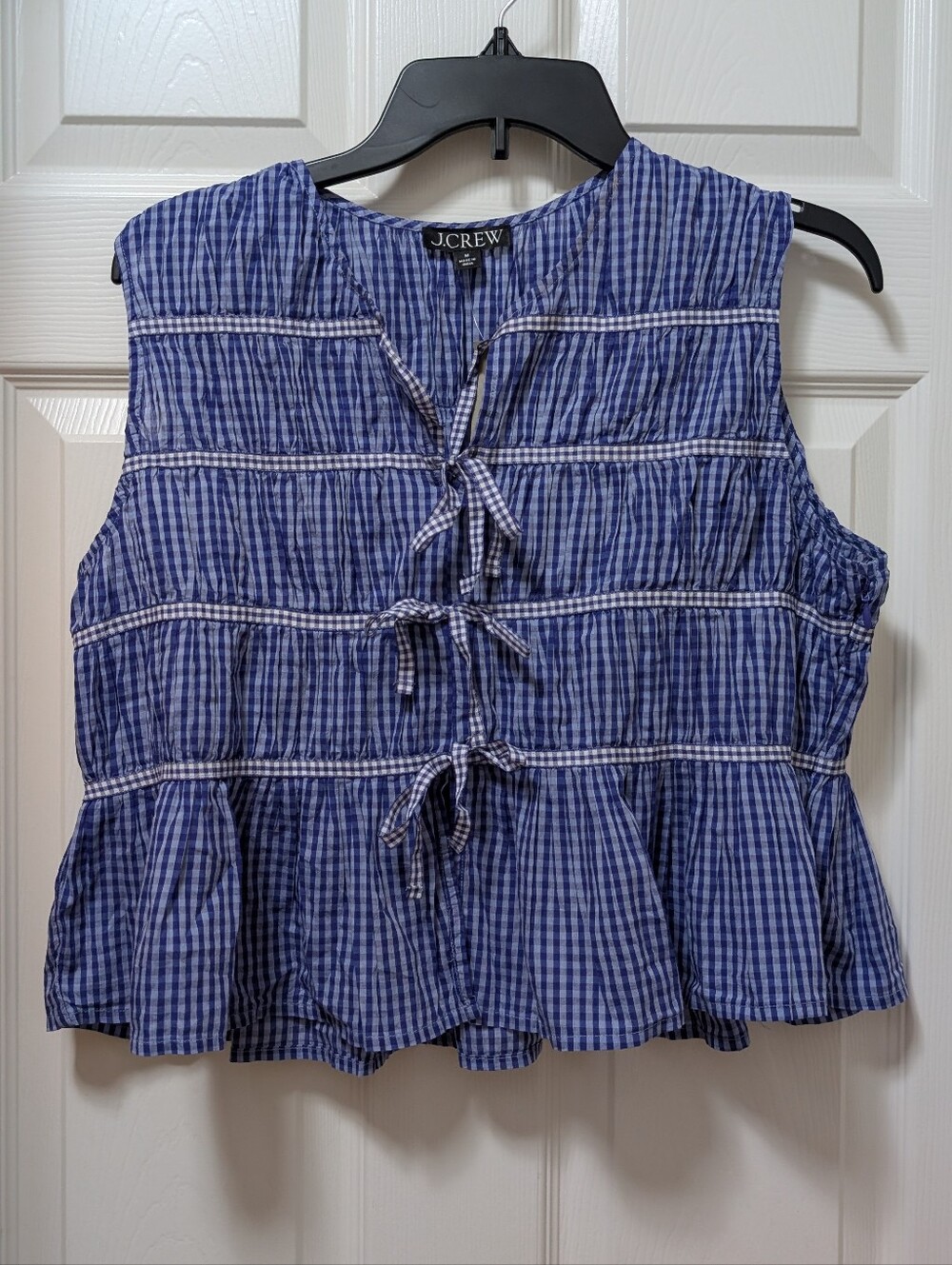 NWT J. Crew Blue Gingham Tie-Front Sleeveless Peplum Top Size Medium M Blue